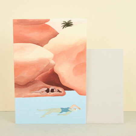 illustrated card beach and orange desert rocks, people swimming and sunbathing