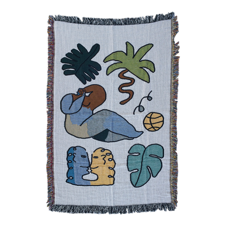 handmade blanket with tassels featuring a leaf, a woman, kissing and a basketball in cool tones like blue and yellow