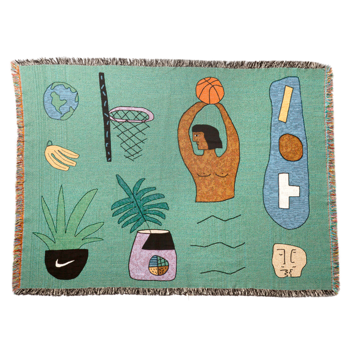 wall hanging blanket with green background and graphics 